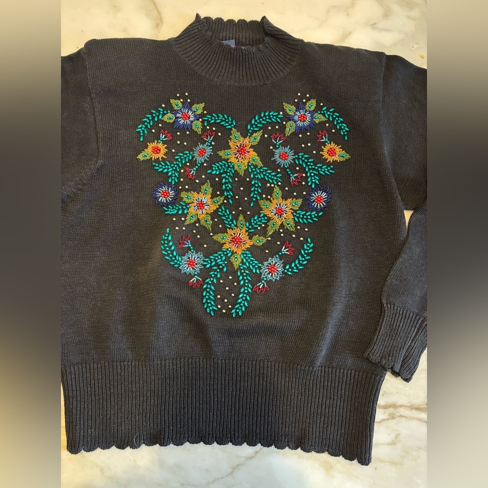 VTG Herman Geist Christmas Sweater Sz L Black Beaded Mock Neck Cottagecore